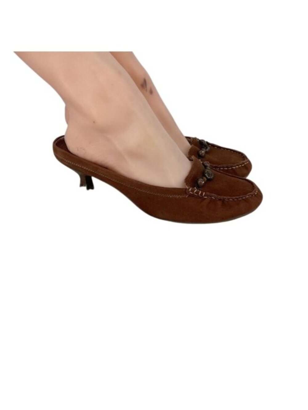 Gianni Bini Suede Mules Beaded Stacked Kitten Heels Brown sz 8M Y2K Vintage